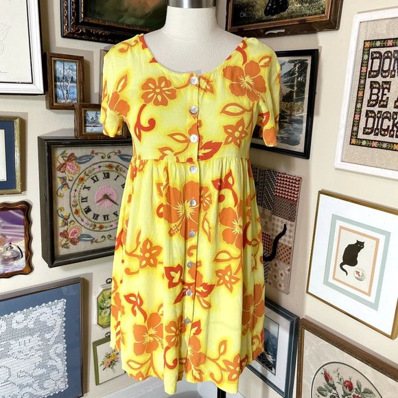 90s Vintage Big Hed Designs Yellow and Orange Hawaiian Floral Short Sleeve Dress - Picture 1 of 8